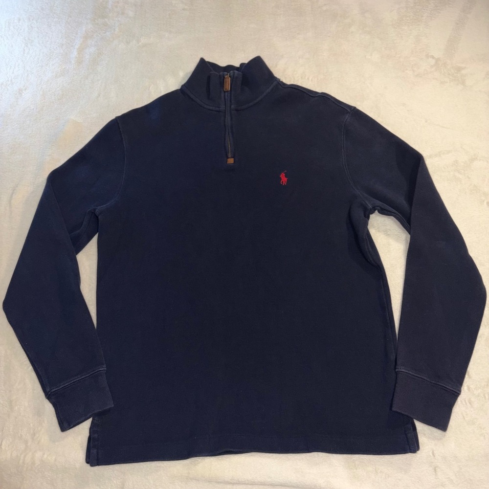 Polo Ralph Lauren Mens Quarter Zip Pullover Sweater Navy Blue Red Pony Small